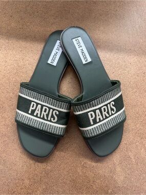 Steve Madden Green 'PARIS' Slide Sandals with Cream Accents